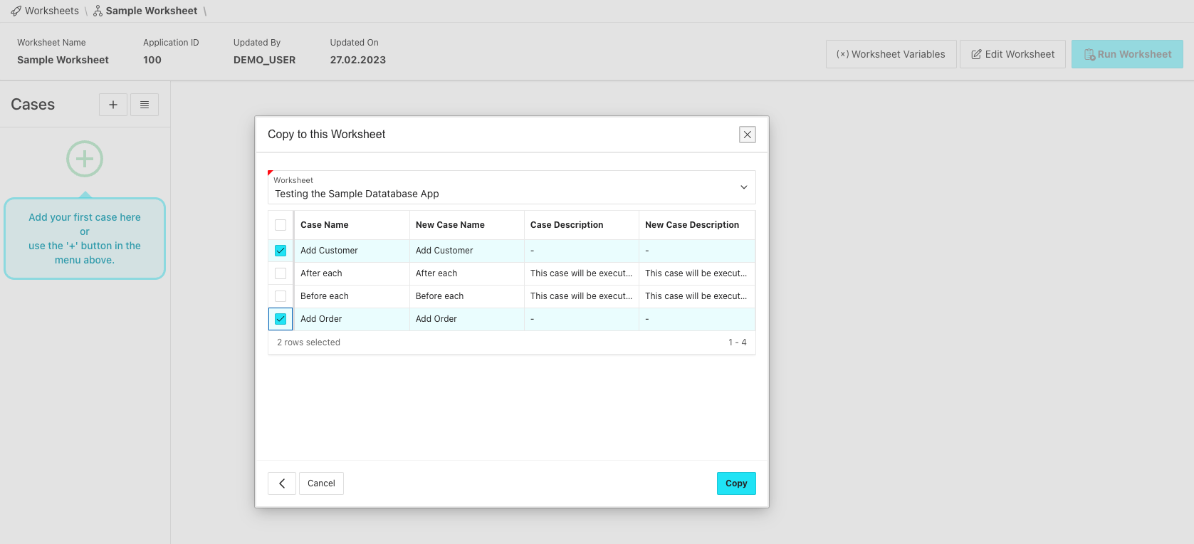 Select Worksheet and Test Cases to copy