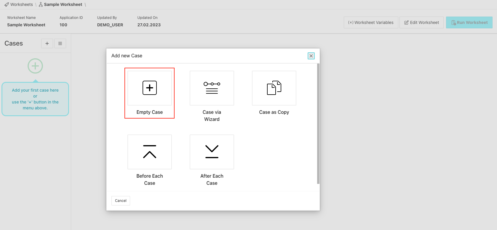 Add Case dialog, empty Case highlighted