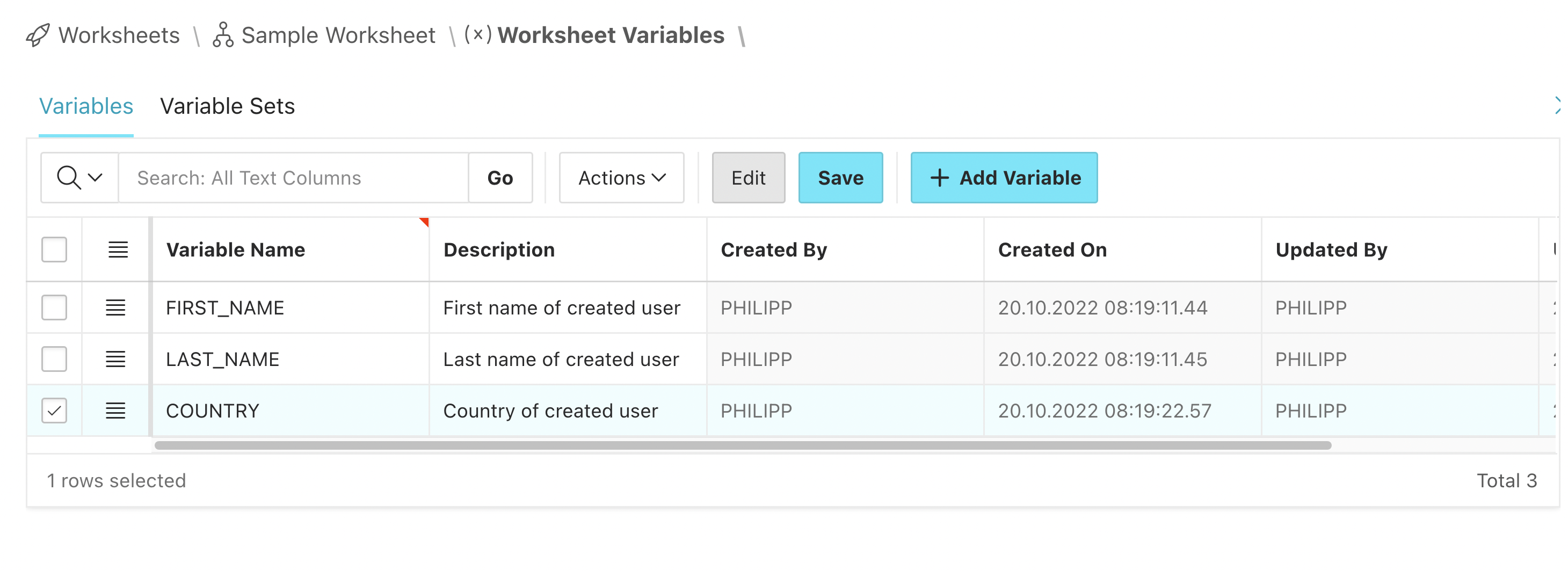 List of created worksheet variables