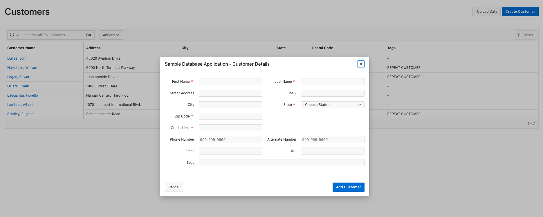 Sample DB - Add Customer dialog