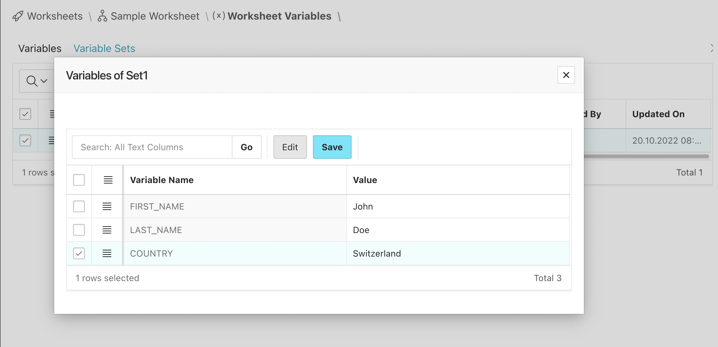 Setting values for a specific variable set